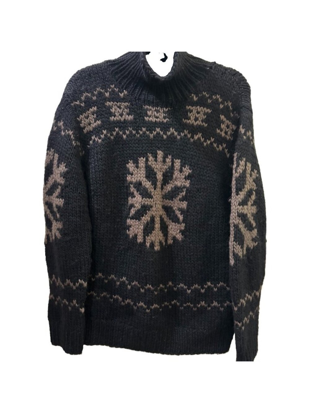 Moncler Mens Wool Knit Turtleneck Snowflake Pullover Sweater Black tan Large
